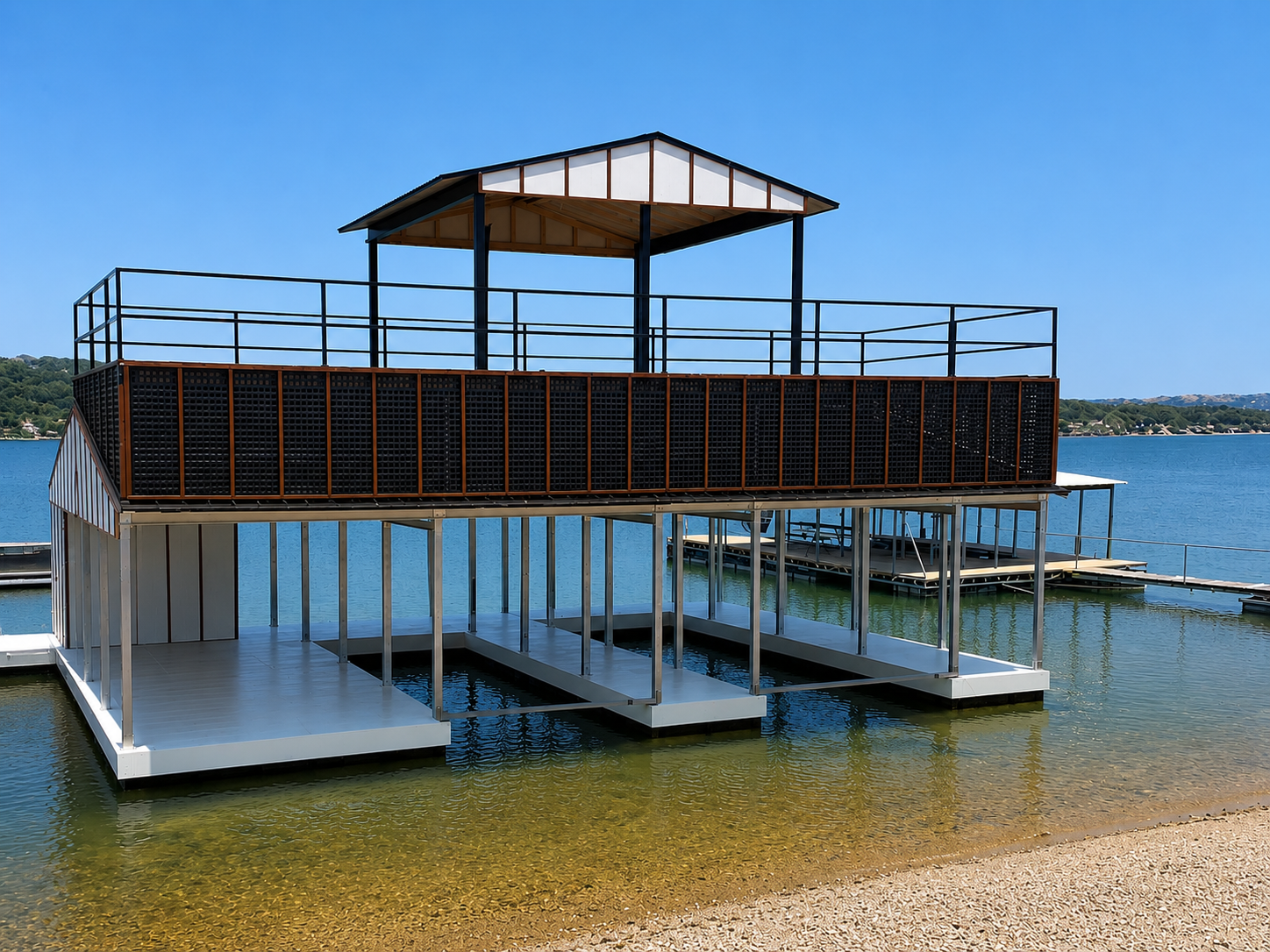 Finished multi-level dock with an upper sundeck and two boat slips